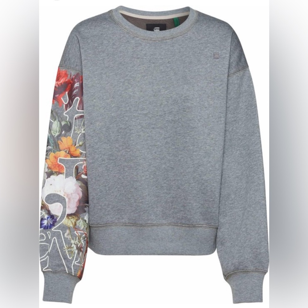 G-Star Grey Damen Loose Sweater Jumper sweatshirt gray floral sleeve crewneck M